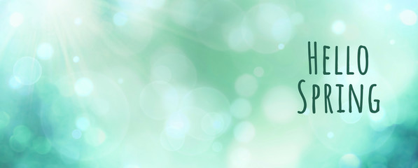 Abstract green spring background banner - hello spring text - greeting card with beautiful bokeh lights - 314420750