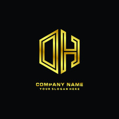 Initial letter OH, minimalist line art monogram hexagon logo, gold color
