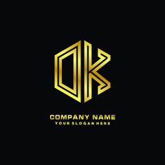 Initial letter OK, minimalist line art monogram hexagon logo, gold color