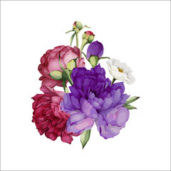 Bouquet of peonies, watercolor, can be used as greeting card, invitation card for wedding, birthday and other holiday and  summer background. Vector.