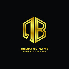 Initial letter QB, minimalist line art monogram hexagon logo, gold color