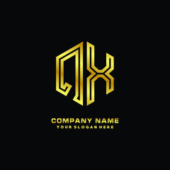 Initial letter QX, minimalist line art monogram hexagon logo, gold color