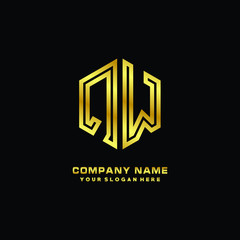 Initial letter WQ, minimalist line art monogram hexagon logo, gold color