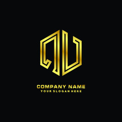 Initial letter QV, minimalist line art monogram hexagon logo, gold color