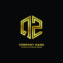 Initial letter QZ, minimalist line art monogram hexagon logo, gold color