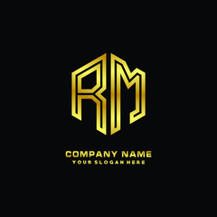 Initial letter RM, minimalist line art monogram hexagon logo, gold color