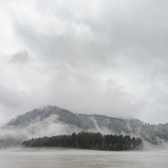 forest on an island in the middle of a mountain river covered with dense fog in cloudy rainy weather