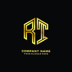 Initial letter RT, minimalist line art monogram hexagon logo, gold color