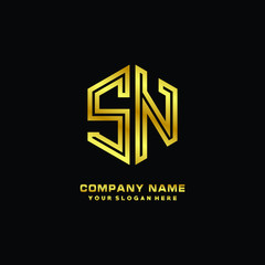 Initial letter SN, minimalist line art monogram hexagon logo, gold color