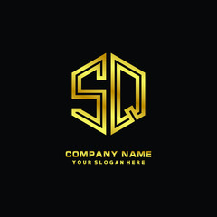 Initial letter SQ, minimalist line art monogram hexagon logo, gold color
