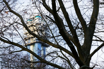 Water tower with antennas and satellites, telecommunication tower, wireless communication concept, blue sky on a sunny day, Devin, Prague, Czech Republic