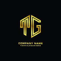 Initial letter TG, minimalist line art monogram hexagon logo, gold color