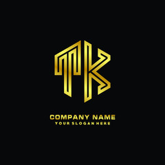 Initial letter TK, minimalist line art monogram hexagon logo, gold color