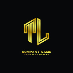 Initial letter TL, minimalist line art monogram hexagon logo, gold color