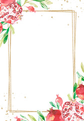 Watercolor summer card with pomegranate. Spring botanical texture leaves and branches with fruit. Bright invintation frame for greeting card, wedding card, poster, template.