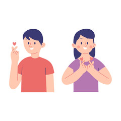 young men and women show love-shaped little fingers, youth vector illustration showing finger hearts