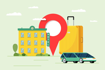 Obraz premium Hotel booking and car sharing service for tourism concept. Travel apartment and transport reservation. Motel building with baggage suitcase and location pin vector illustration