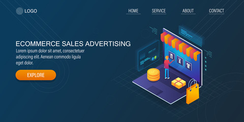 Customer buying from online store via laptop, ecommerce advertising, isometric design concept. Web banner template.
