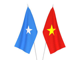 National fabric flags of Vietnam and Somalia isolated on white background. 3d rendering illustration.