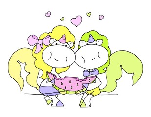 Fototapeta premium Cute unicorn together eat one slice of watermelon isolated on a white background for logotype, coloring book, greeting card. Valentine's Day.