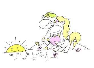 Cute unicorn holding a heart in the sunset isolated on a white background for logotype, coloring book, greeting card. Valentine's Day.