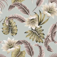 Tapeten Hibiskus Tropischer Vintage weißer Hibiskus, Palmblätter nahtlose Blumenmuster grauen Hintergrund. Exotische Dschungeltapete.