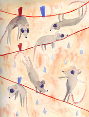 The mice hang on the ropes and dry after bathing and washing. Watercolor hand drawn illustration