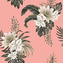 Keuken foto achterwand Vintage stijl Tropische vintage witte hibiscus, witte orchidee, palmbladeren naadloze bloemmotief roze achtergrond. Exotisch junglebehang.