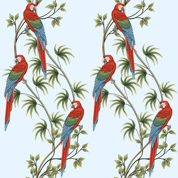 Tropical vintage macaw parrot, liana floral seamless pattern blue background. Exotic jungle wallpaper.