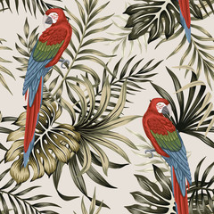 Tropical vintage macaw parrot, palm leaves floral seamless pattern beige background. Exotic jungle wallpaper.