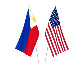 National fabric flags of America and Philippines isolated on white background. 3d rendering illustration.