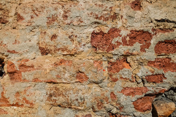 Fragment of an old red brick wall. Texture, background. Horizontal orientation.