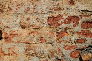 Fragment of an old red brick wall. Texture, background. Horizontal orientation.
