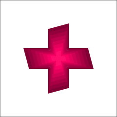 Magenta 3d cross symbol or plus sign on white background vector.