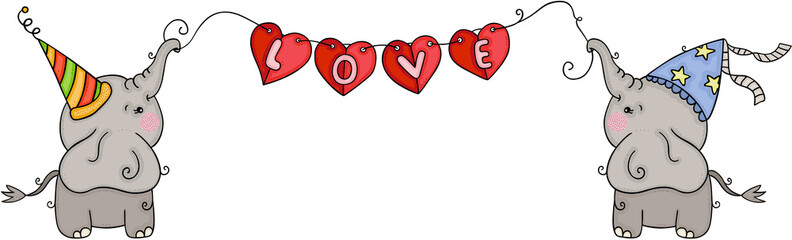 Two elephants with hat party holding a banner garlands heart shaped love
