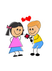 young boy cartoon offer red flower to a cute girl on valentine's day on white background with red heart
