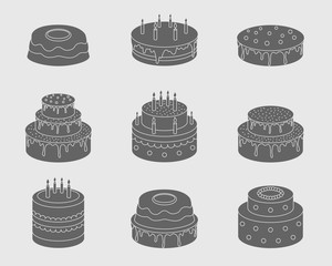 Cakes Icons set - Vector solid silhouettes of sweet dessert, pastry, chocolate and cupcake for the site or interface