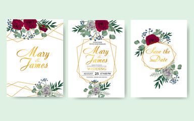 Wedding floral invitation card save the date design with green leaf herbs eucalyptus, rose, succulent and golden frame. Botanical elegant decorative vector template
