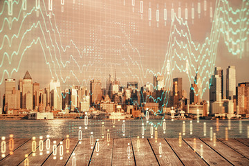 Forex graph on city view with skyscrapers background multi exposure. Financial analysis concept.