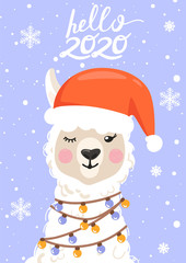 Merry Christmas and Happy New Year greeting card. Cute cartoon alpaca with Santa hat, garland and lettering "hello 2020". Vector illustration for greeting cards, posters, invitation etc.