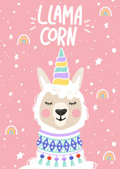 Cute cartoon alpaca with a unicorn horn. Llamacorn inspirational lettering phrase with rainbow and star. Vector illustration for cards, t-shirts, children print, posters, invitation, nursery room etc.