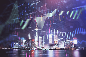 Financial graph on night city scape with tall buildings background multi exposure. Analysis concept.