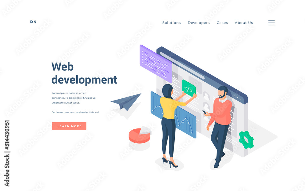 Poster programmers developing web software together isometric vector illustration.