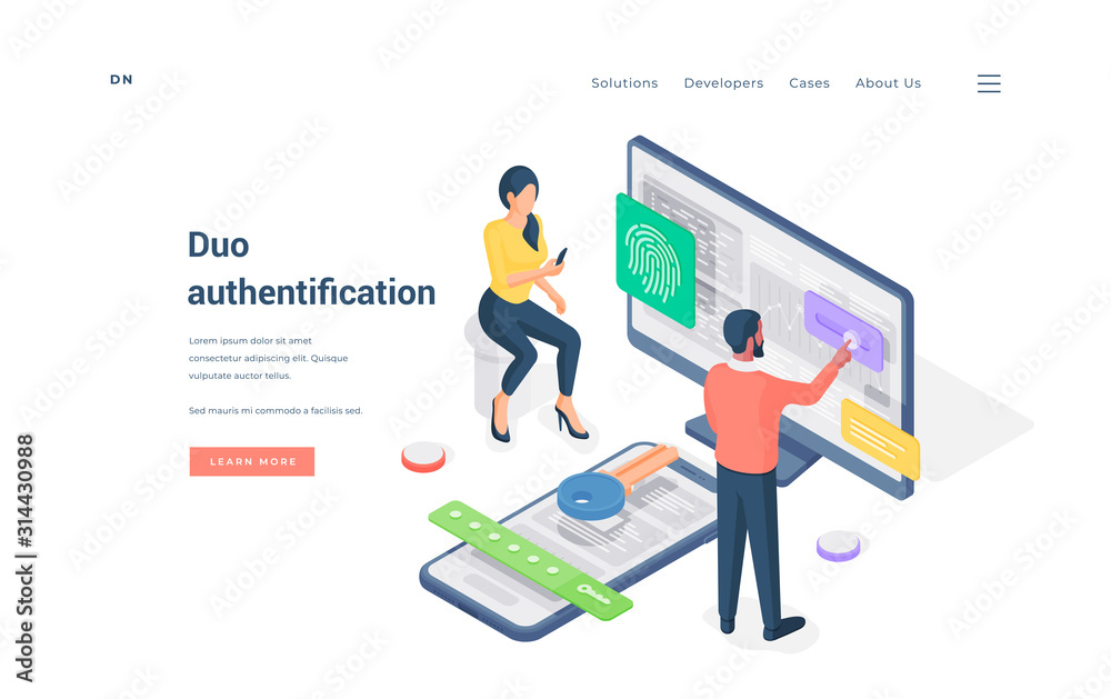 Sticker couple using duo authentication on devices isometric vector illustration.