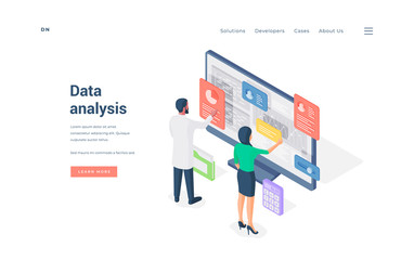 Office workers analyzing data on computer isometric vector illustration.