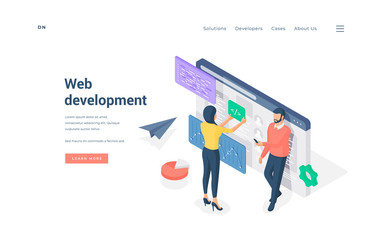 Programmers developing web software together isometric vector illustration.