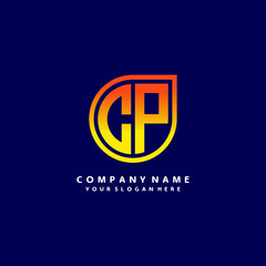 letter CP orange abstract logo, with a blue background