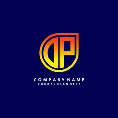 letter DP orange abstract logo, with a blue background