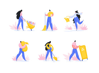 Fototapeta premium Volunteer activity, city park cleaning flat vector illustrations set