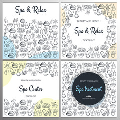 Set of Spa and Relax Center banners with hand draw doodle background. Beauty Saloon.